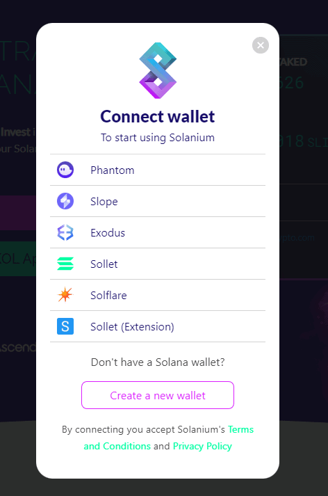 Connect Solanium wallet to Phantom wallet on Solanium.io