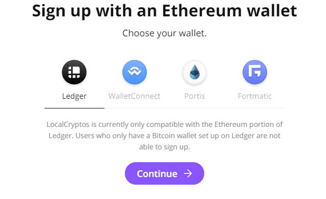 signing up for LocalCryptos.com with ethereum wallets