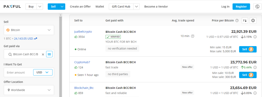 Buying Bitcoin Cash with Bitcoin on Paxful