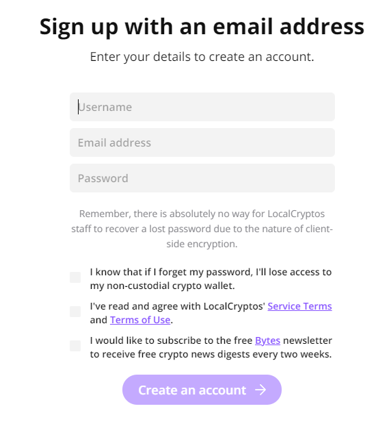 Signing up to LocalCryptos